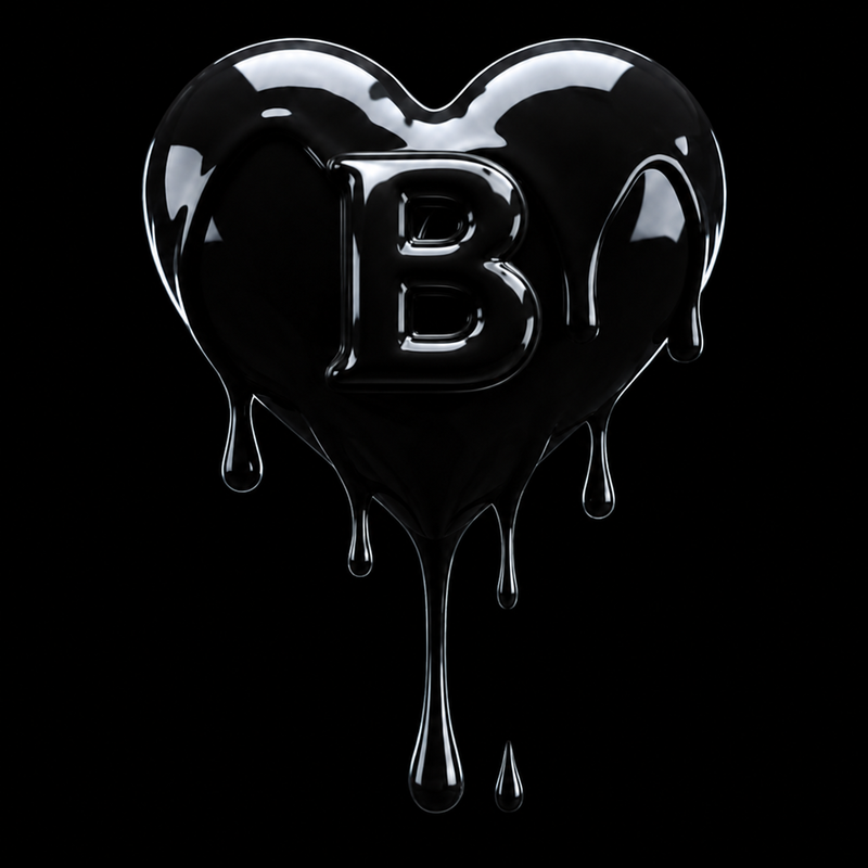 Corazón negro brillante con una B, logo de TengoBolo